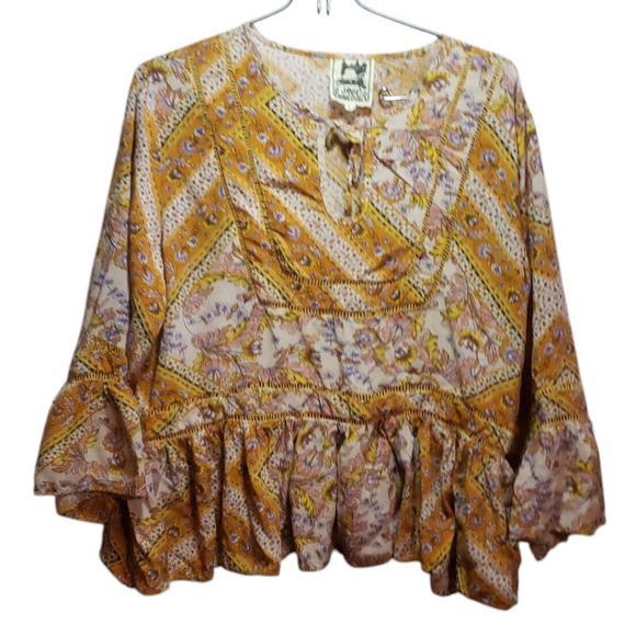 Jaase Merigold Yellow Floral Bell Sleeve Blouse  Size L Boho - Picture 1 of 4